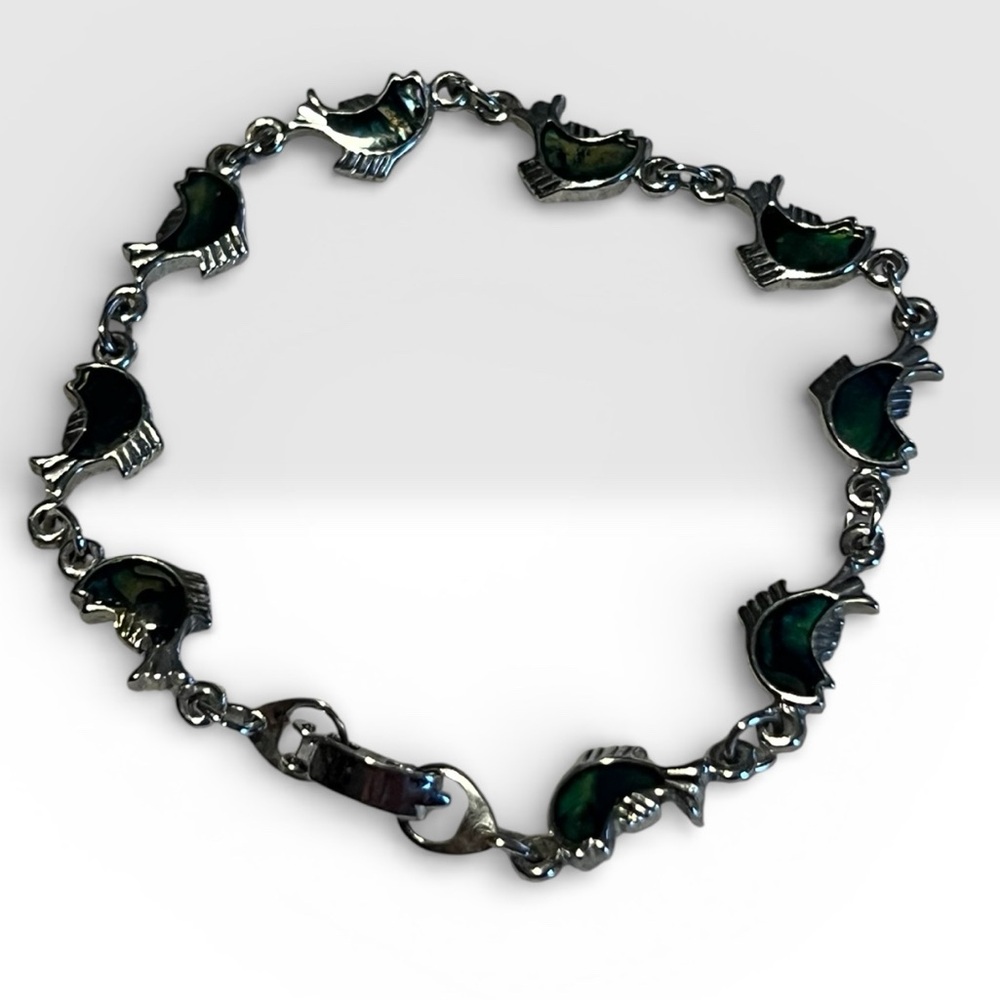 Silver-Tone Link Bracelet with Abalone Shell Inlaid Fish Y2K